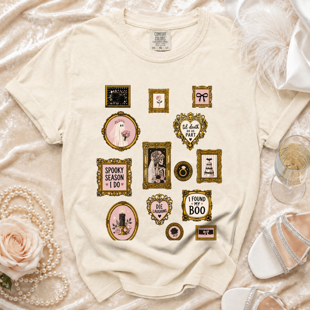 Cream t-shirt with framed Halloween-themed graphics including a ghost bride and skeleton.