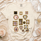 Cream t-shirt with framed Halloween-themed graphics including a ghost bride and skeleton.