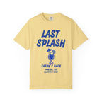 Yellow t-shirt with "LAST SPLASH" and cocktail glass graphic, "SARAH'S BACH" text.