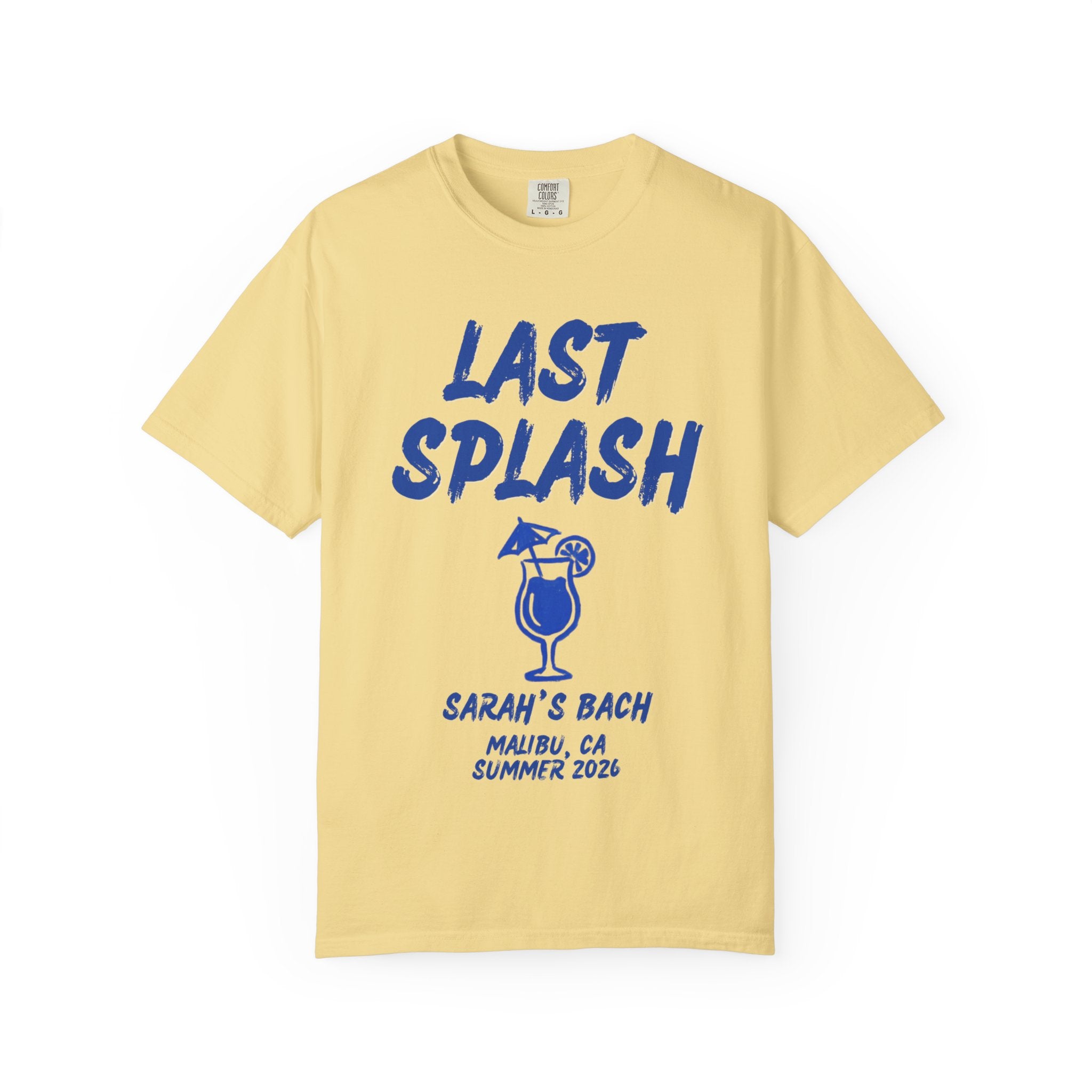 Yellow t-shirt with "LAST SPLASH" and cocktail glass graphic, "SARAH'S BACH" text.