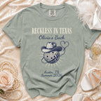 "Reckless in Texas" t-shirt with cowboy hat and disco ball, "Olivia's Bach," Austin, TX.
