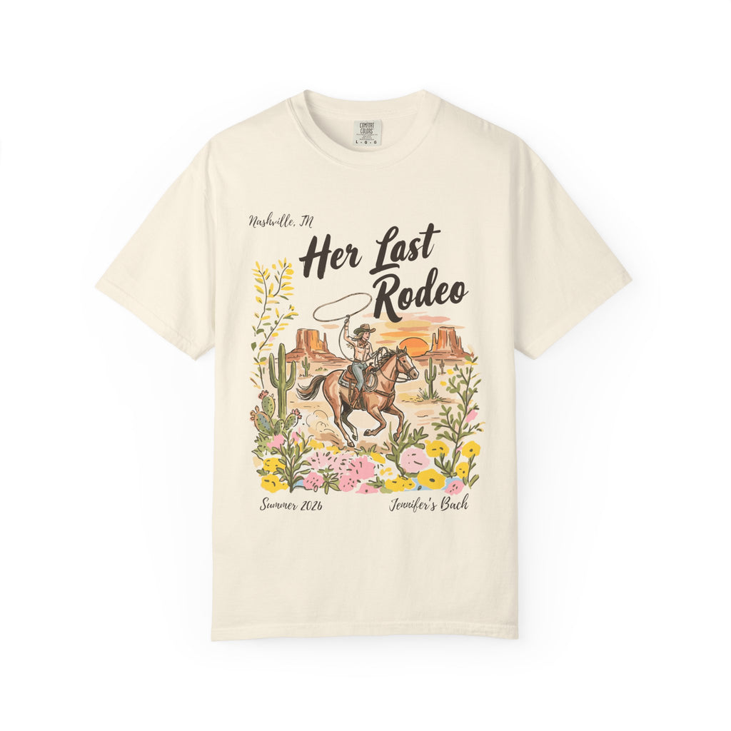 Cowboy on horse with lasso, "Her Last Rodeo" text, desert landscape, flowers.