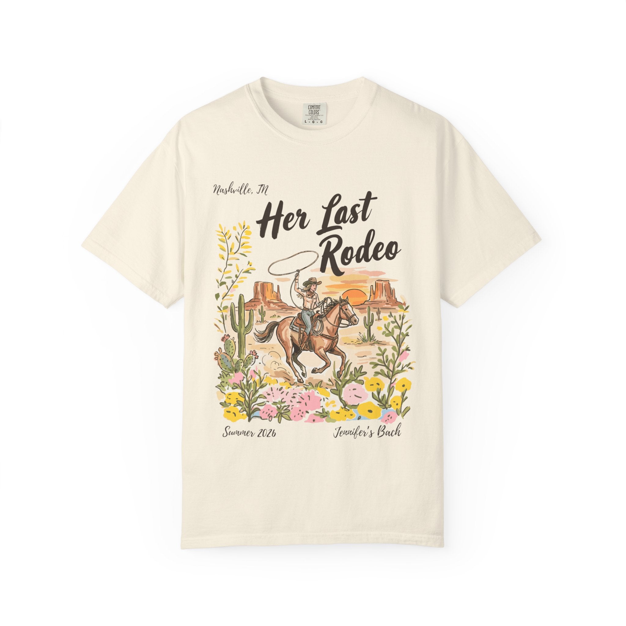 Cowboy on horse with lasso, "Her Last Rodeo" text, desert landscape, flowers.