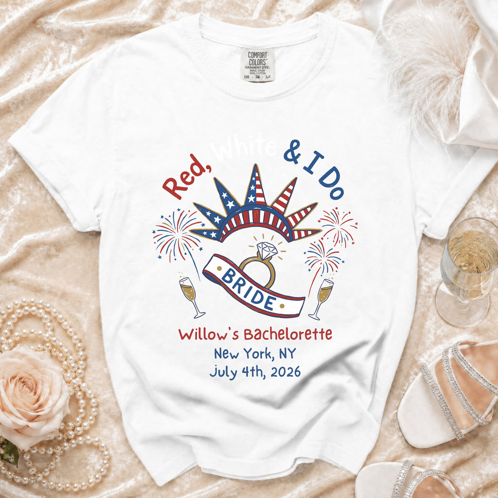 White t-shirt with "Red, White & I Do" text and bride's bachelorette details.
