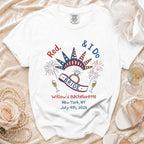 White t-shirt with "Red, White & I Do" text and bride's bachelorette details.