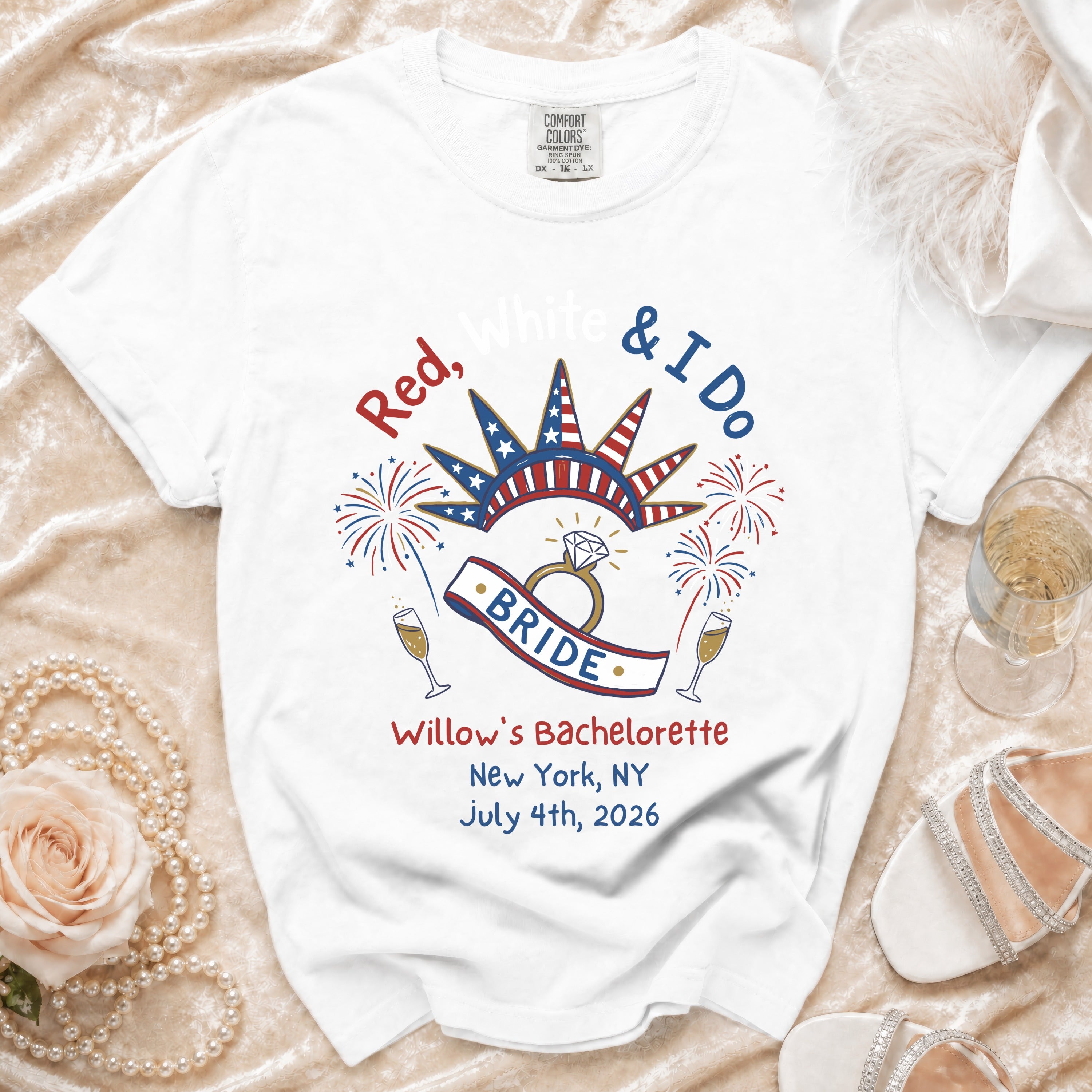 White t-shirt with "Red, White & I Do" text and bride's bachelorette details.