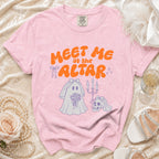 Pink t-shirt with "Meet Me at the Altar" text, ghost bride, and skull.