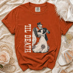 Orange t-shirt with skeletons dancing, "Til Death Do Us Part" text.
