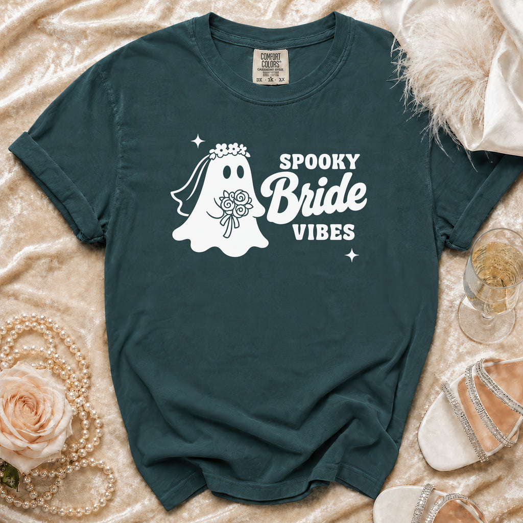 Teal t-shirt with "Spooky Bride Vibes" text and ghost bride graphic.