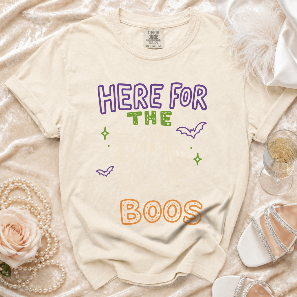 Cream t-shirt with "HERE FOR THE BOOS" text and Halloween graphics.