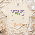 Cream t-shirt with "HERE FOR THE BOOS" text and Halloween graphics.