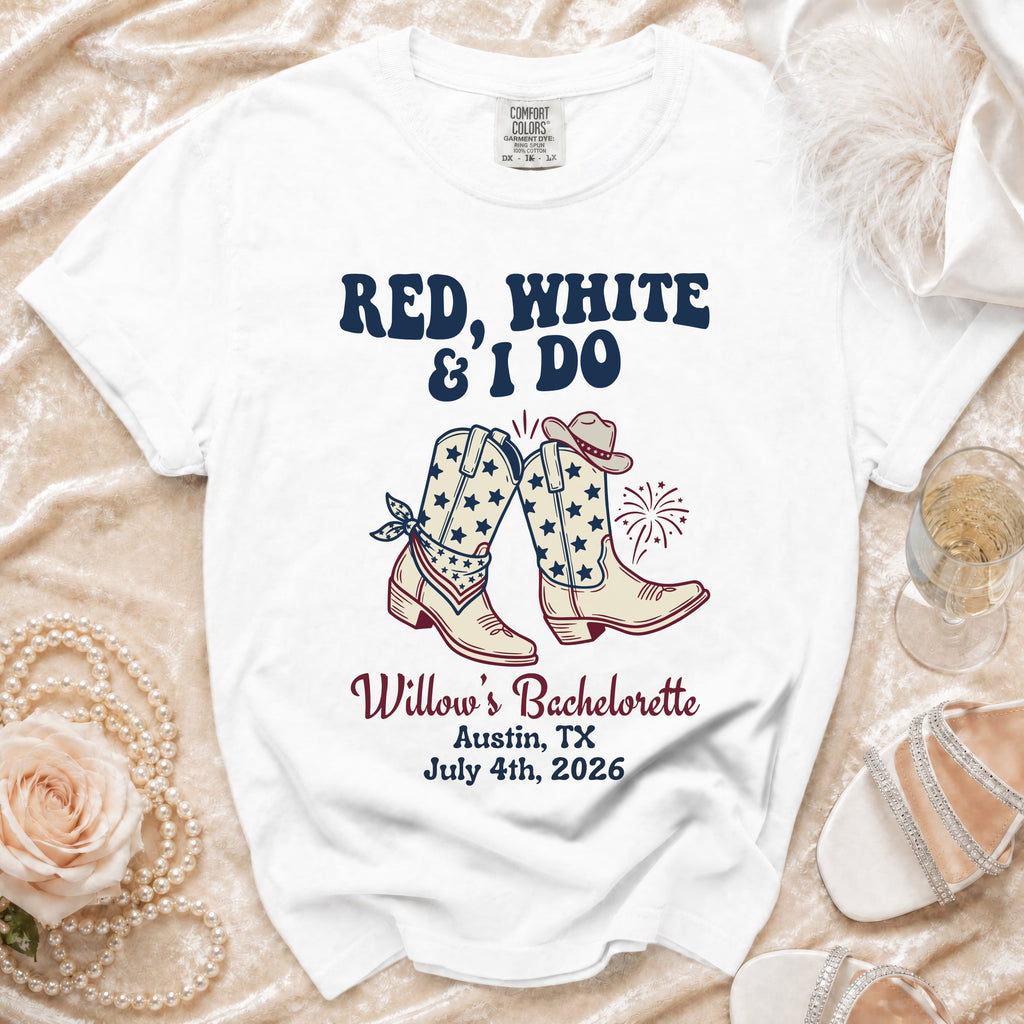 White t-shirt with "Red, White & I Do" and cowboy boots design.