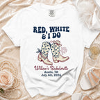 White t-shirt with "Red, White & I Do" and cowboy boots design.