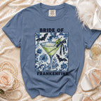 Blue t-shirt with "Bride of Frankenfine" text and a martini glass graphic.