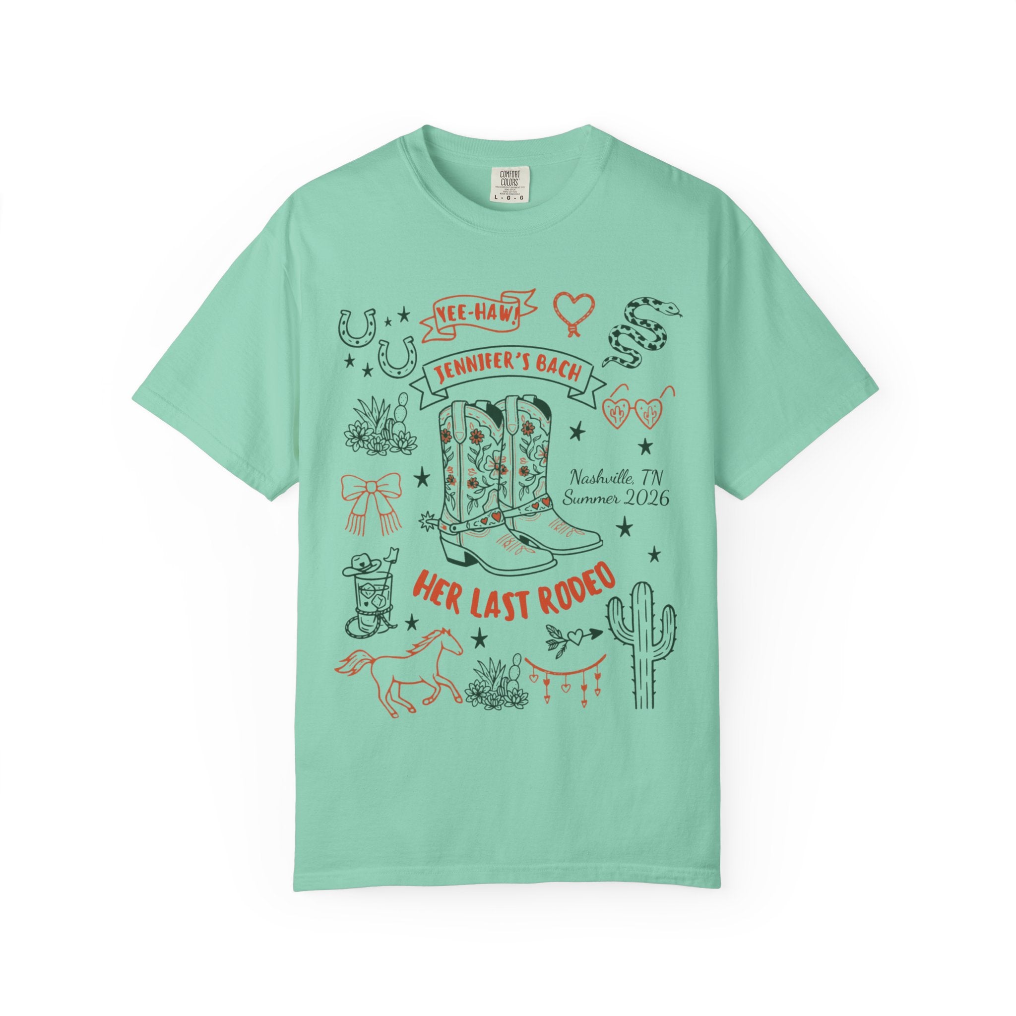 Mint t-shirt with "Jennifer's Bach Her Last Rodeo" Nashville, TN design.