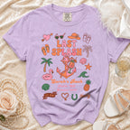 Purple t-shirt with "Last Splash" graphic, palm trees, flamingos, and text.
