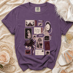 Purple t-shirt with a collage of gothic wedding-themed illustrations and text.