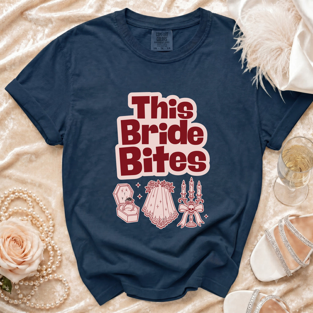 Navy t-shirt with "This Bride Bites" text and wedding graphics.