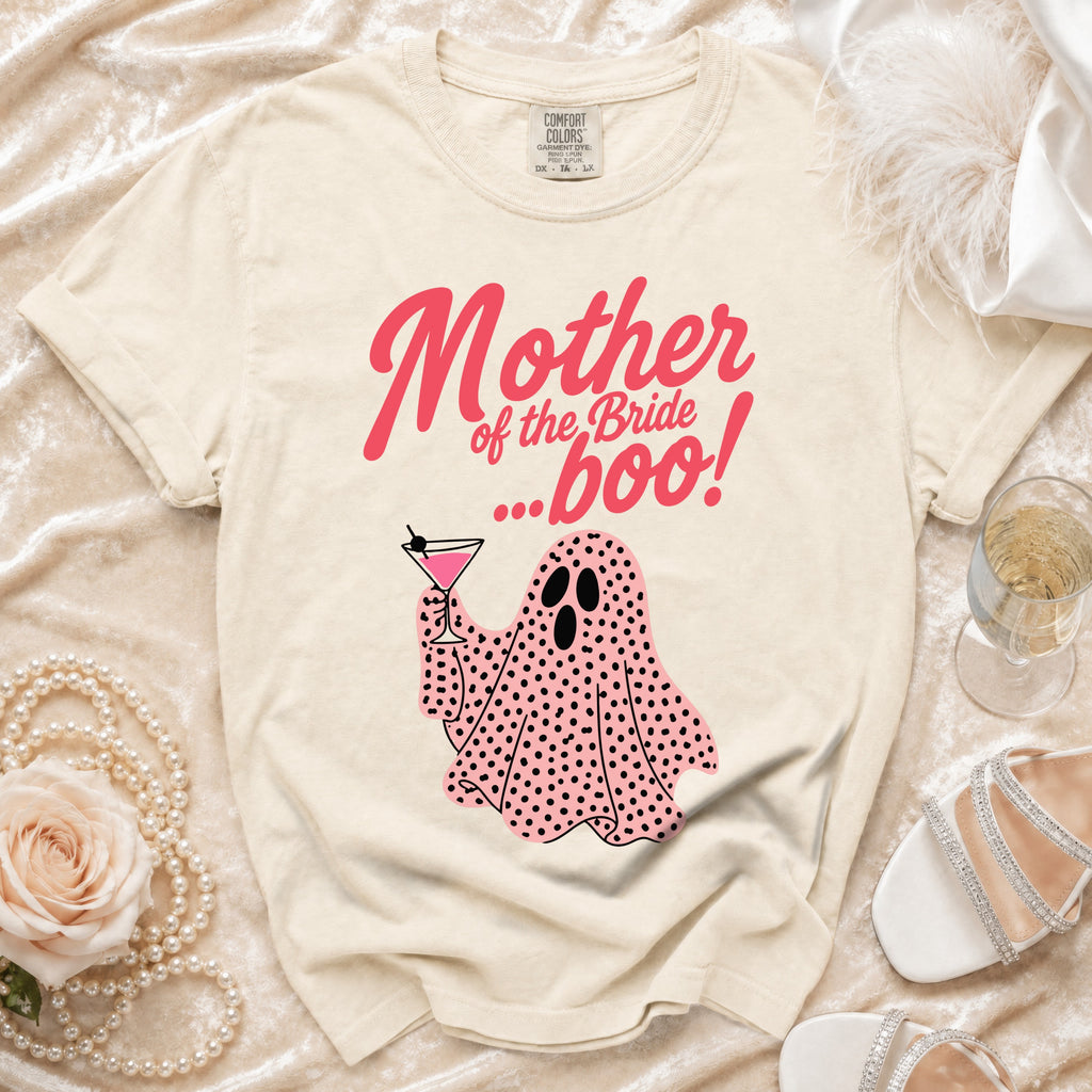 Cream t-shirt with "Mother of the Bride...boo!" text and pink ghost graphic.
