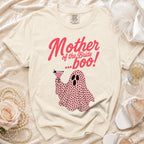 Cream t-shirt with "Mother of the Bride...boo!" text and pink ghost graphic.