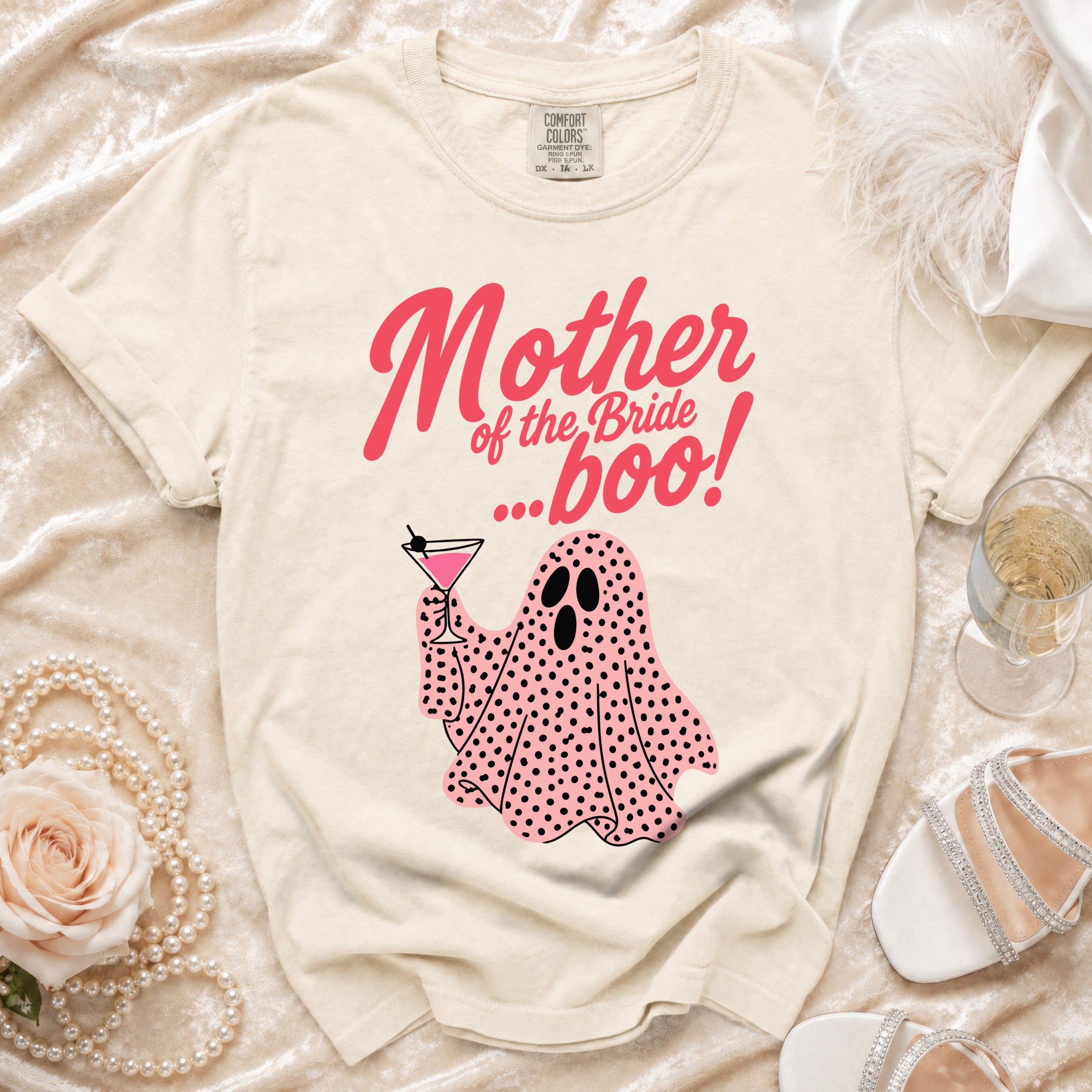 Cream t-shirt with "Mother of the Bride...boo!" text and pink ghost graphic.