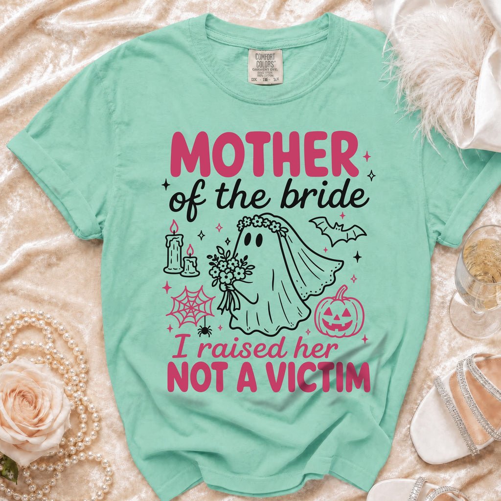 Mint t-shirt with "Mother of the Bride" ghost graphic and text.
