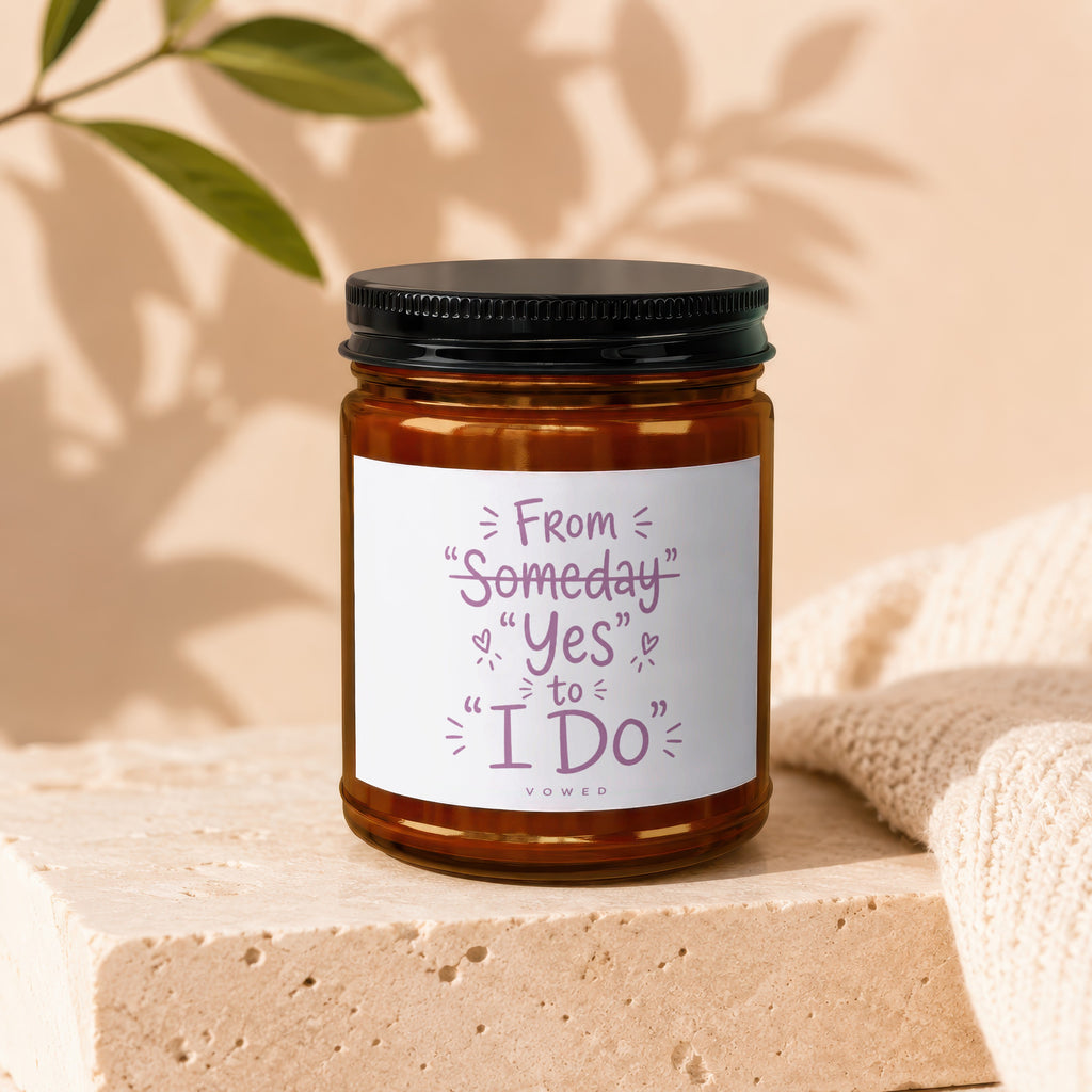 Amber candle with "From Someday to I Do" text on a white label.