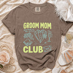 Brown t-shirt with "GROOM MOM CLUB" text and wedding icons.