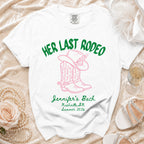 White t-shirt with "Her Last Rodeo" and cowboy boots graphic for Jennifer's Bach.