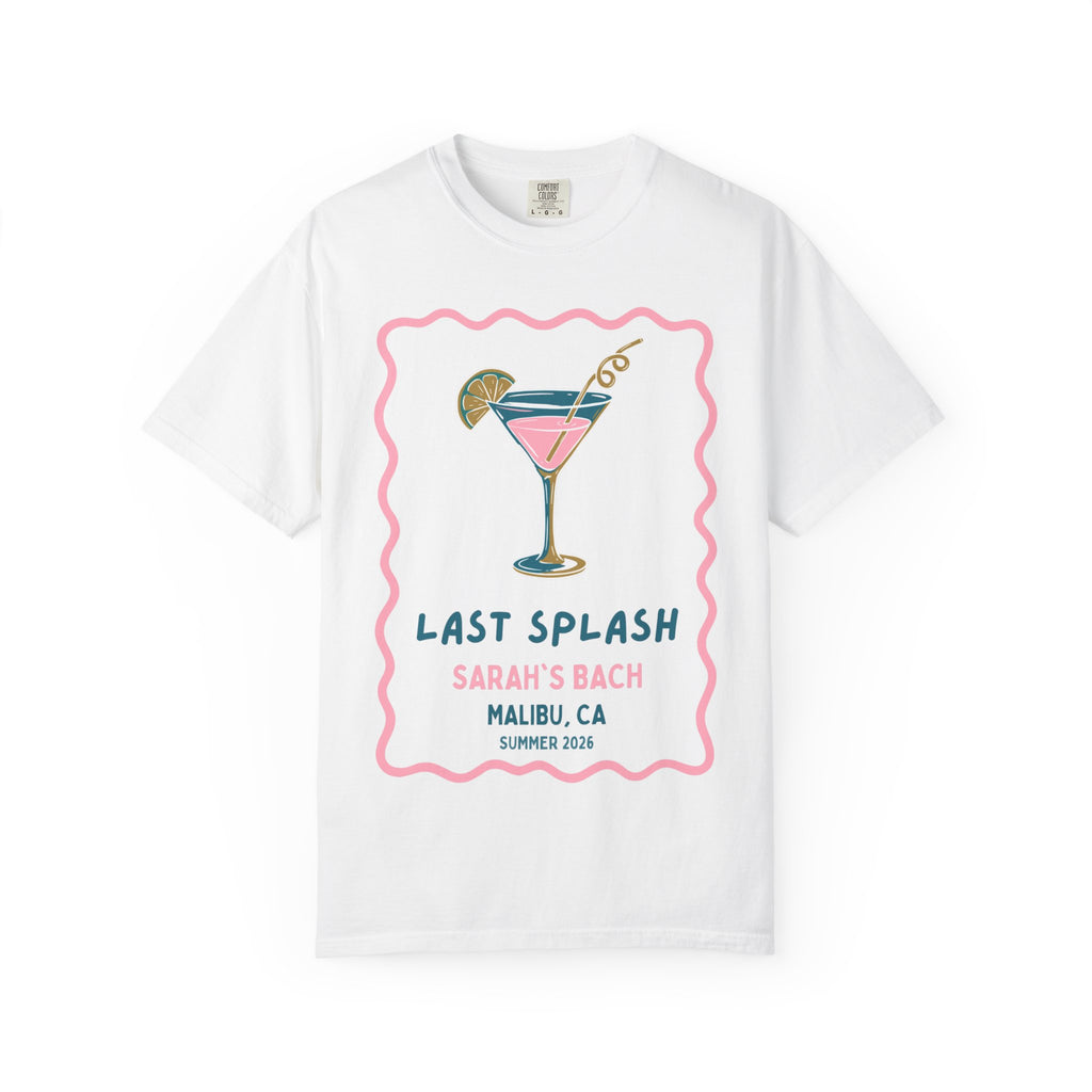White t-shirt with "Last Splash Sarah's Bach" cocktail graphic.