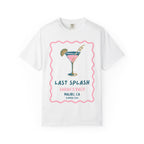 White t-shirt with "Last Splash Sarah's Bach" cocktail graphic.