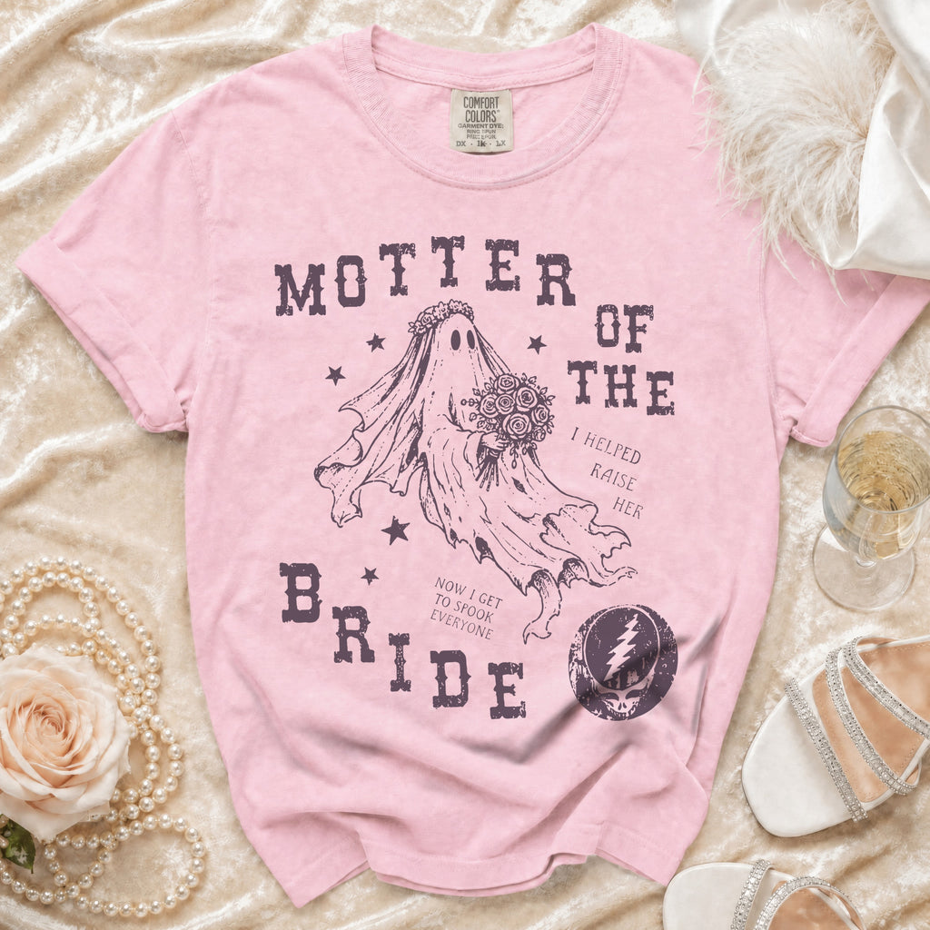 Pink t-shirt with "Mother of the Bride" text and a ghost graphic holding flowers.