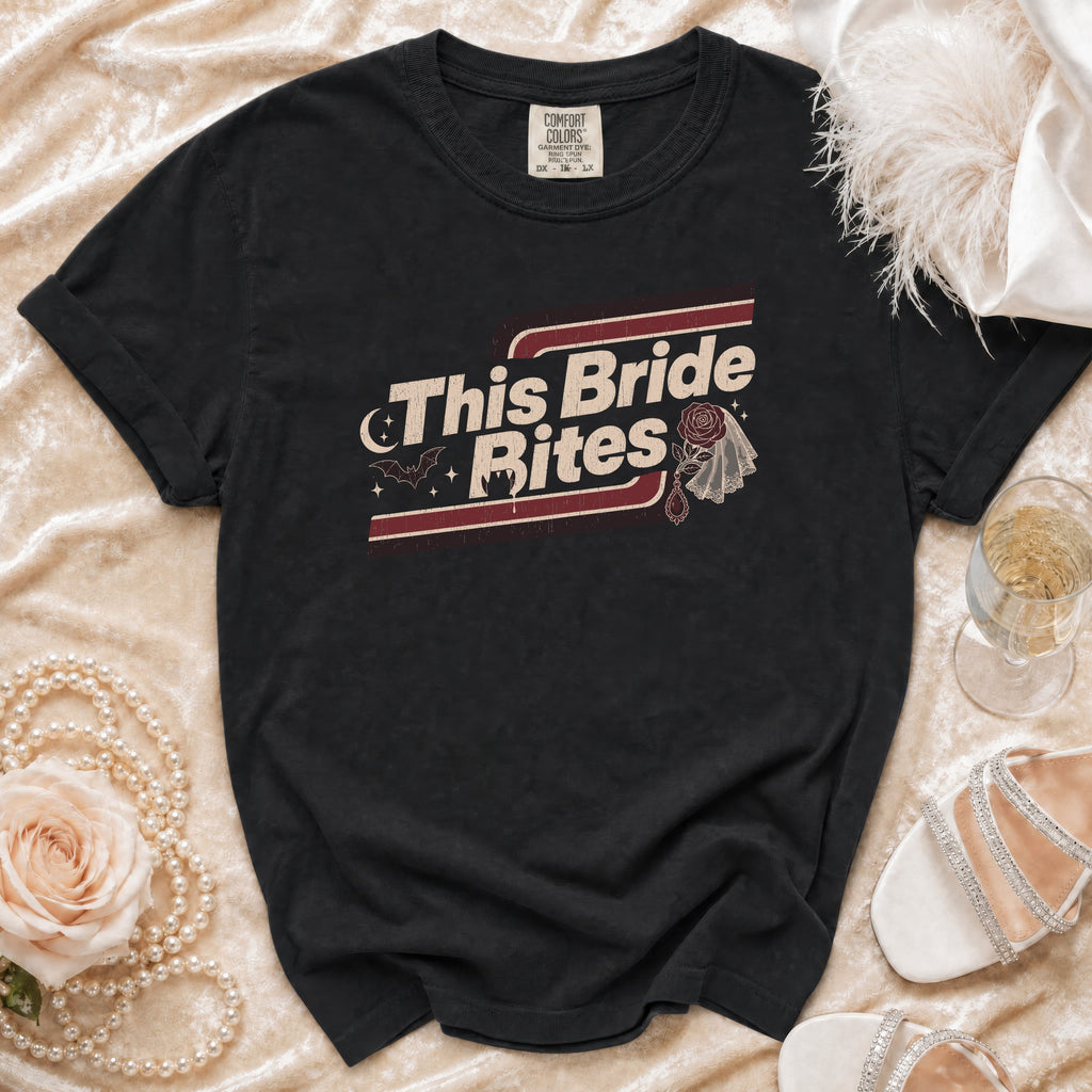 Black t-shirt with "This Bride Bites" graphic, vampire fangs, moon, bat, and veil.