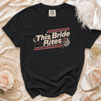 Black t-shirt with "This Bride Bites" graphic, vampire fangs, moon, bat, and veil.