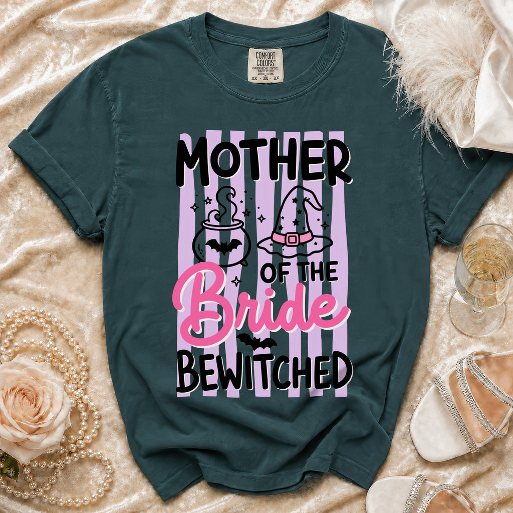 Mother of the Bride Bewitched t-shirt with witchy graphics and stripes.