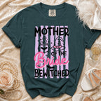 Mother of the Bride Bewitched t-shirt with witchy graphics and stripes.