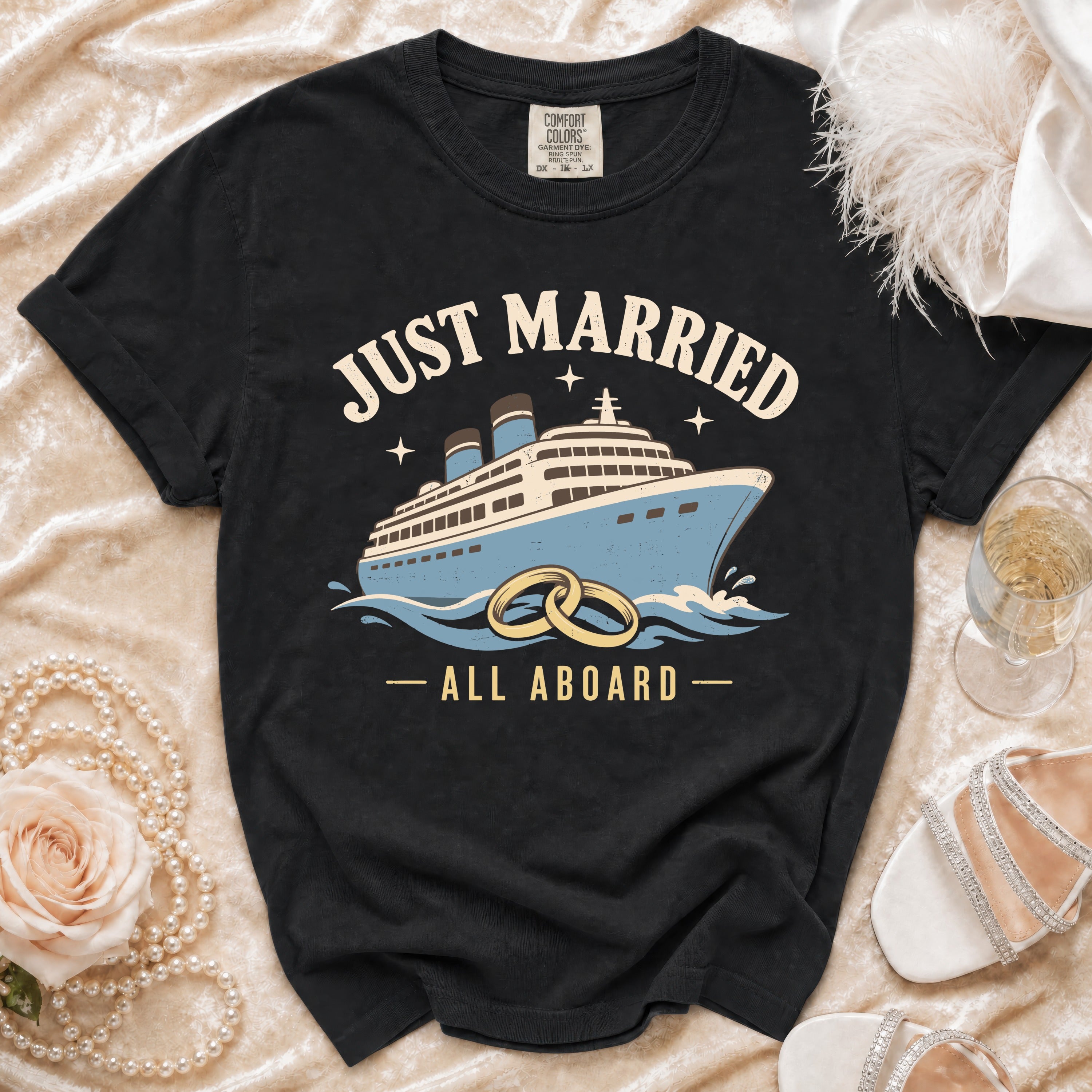 Black t-shirt with "Just Married All Aboard" text and cruise ship graphic.