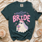 Teal t-shirt with "Mother of the Bride" text and a ghost bride graphic.