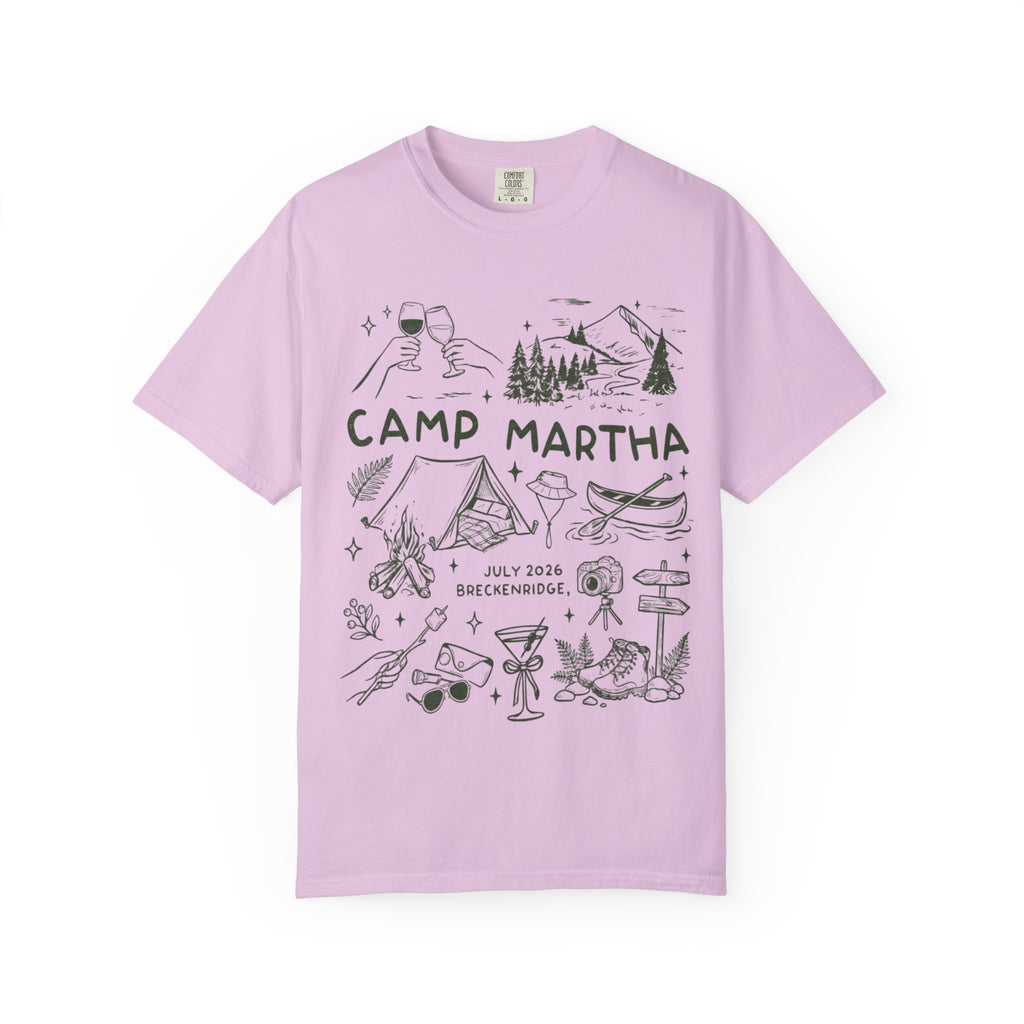 Camp Martha, July 2026, Breckinridge, t-shirt illustration with outdoor activities.