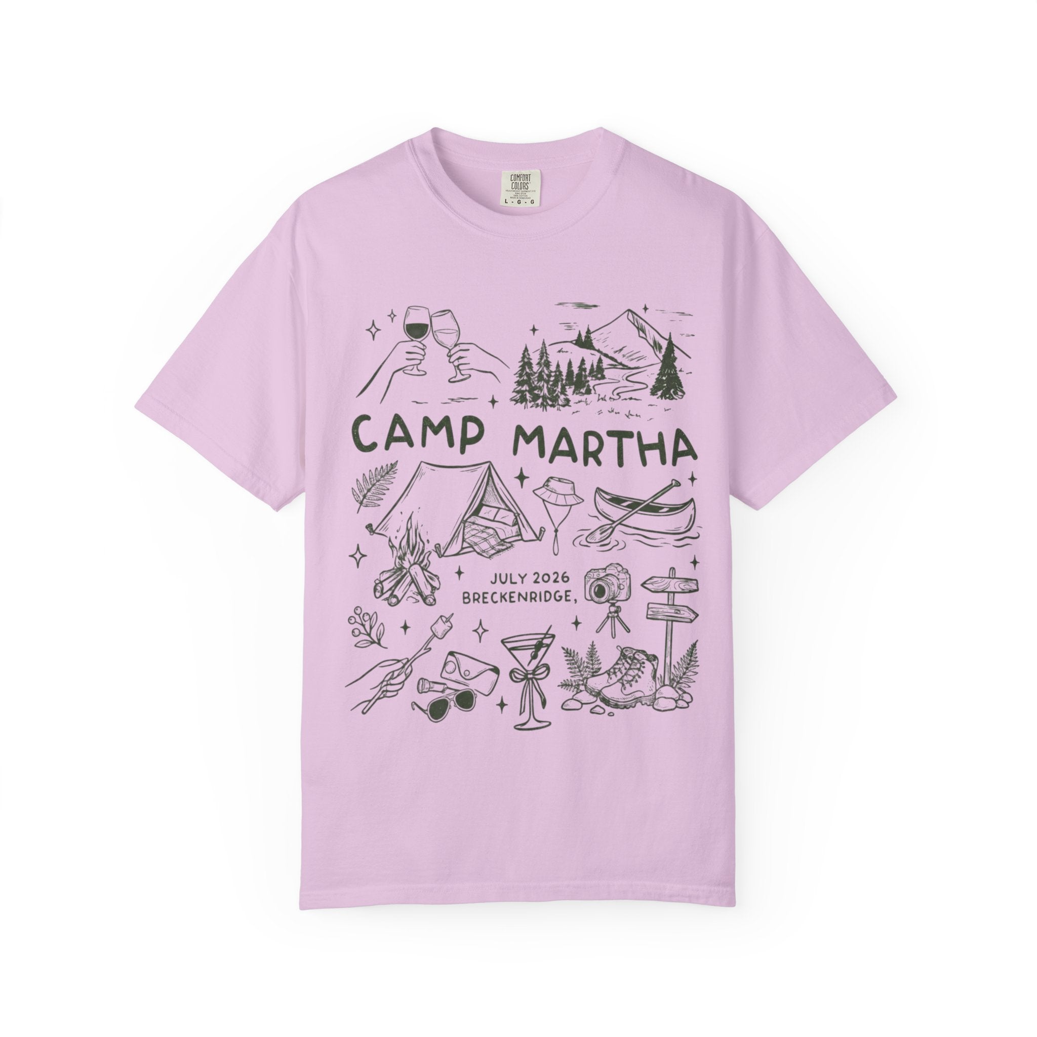 Camp Martha, July 2026, Breckinridge, t-shirt illustration with outdoor activities.
