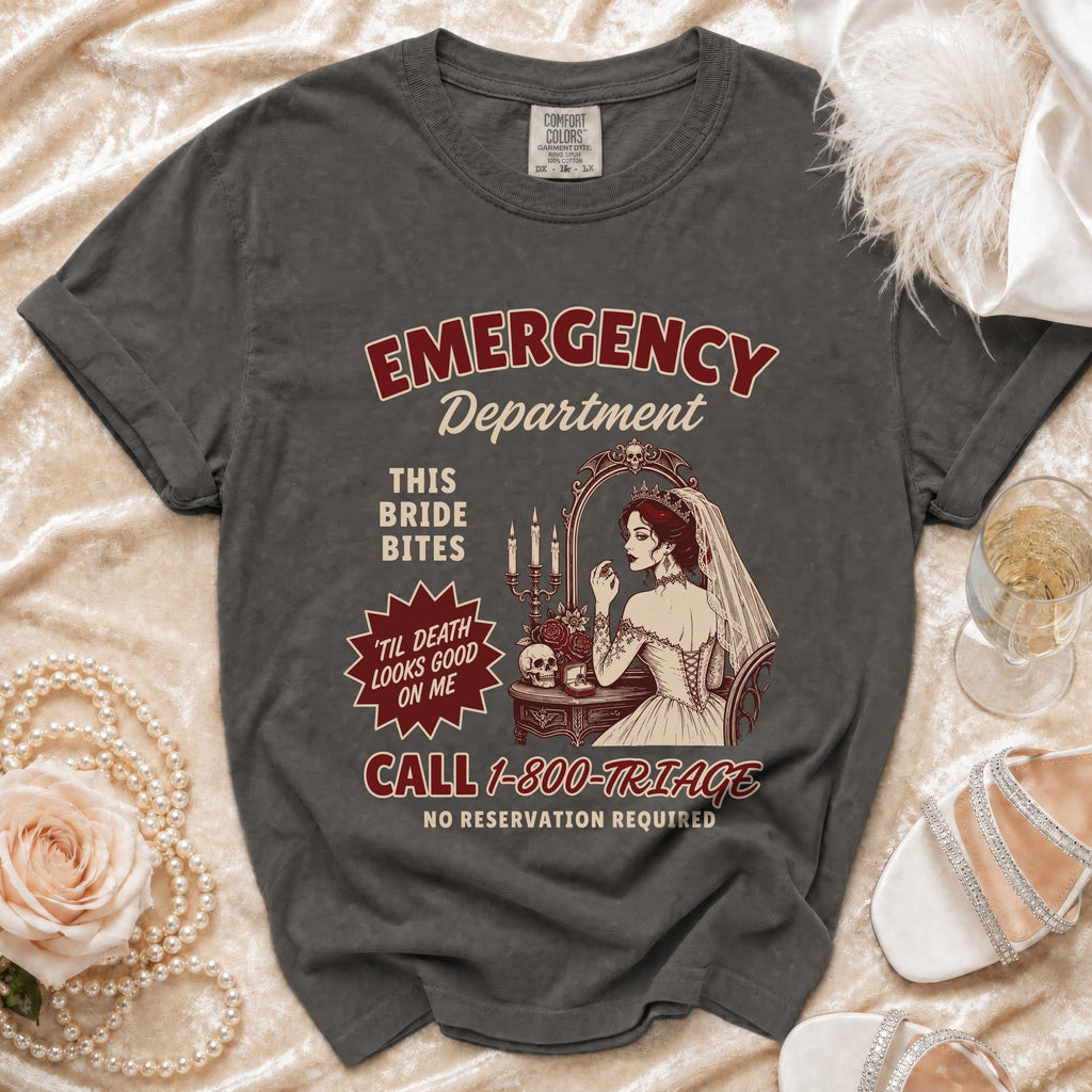 Dark gray t-shirt with "EMERGENCY Department" and a bride graphic.