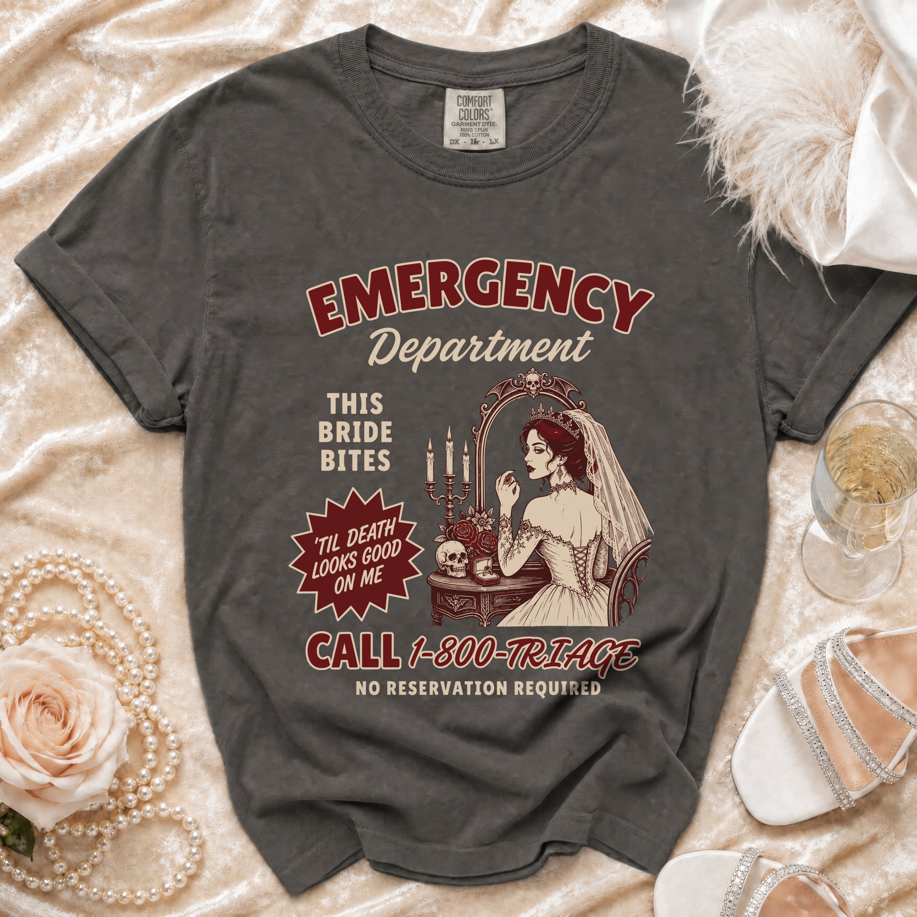 Dark gray t-shirt with "EMERGENCY Department" and a bride graphic.