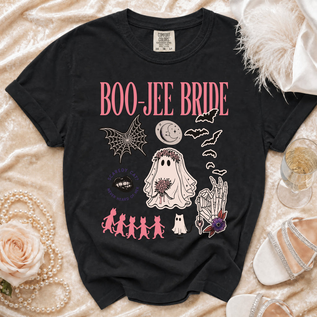 Black t-shirt with "Boo-Jee Bride" and Halloween-themed ghost and cat graphics.
