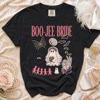 Black t-shirt with "Boo-Jee Bride" and Halloween-themed ghost and cat graphics.