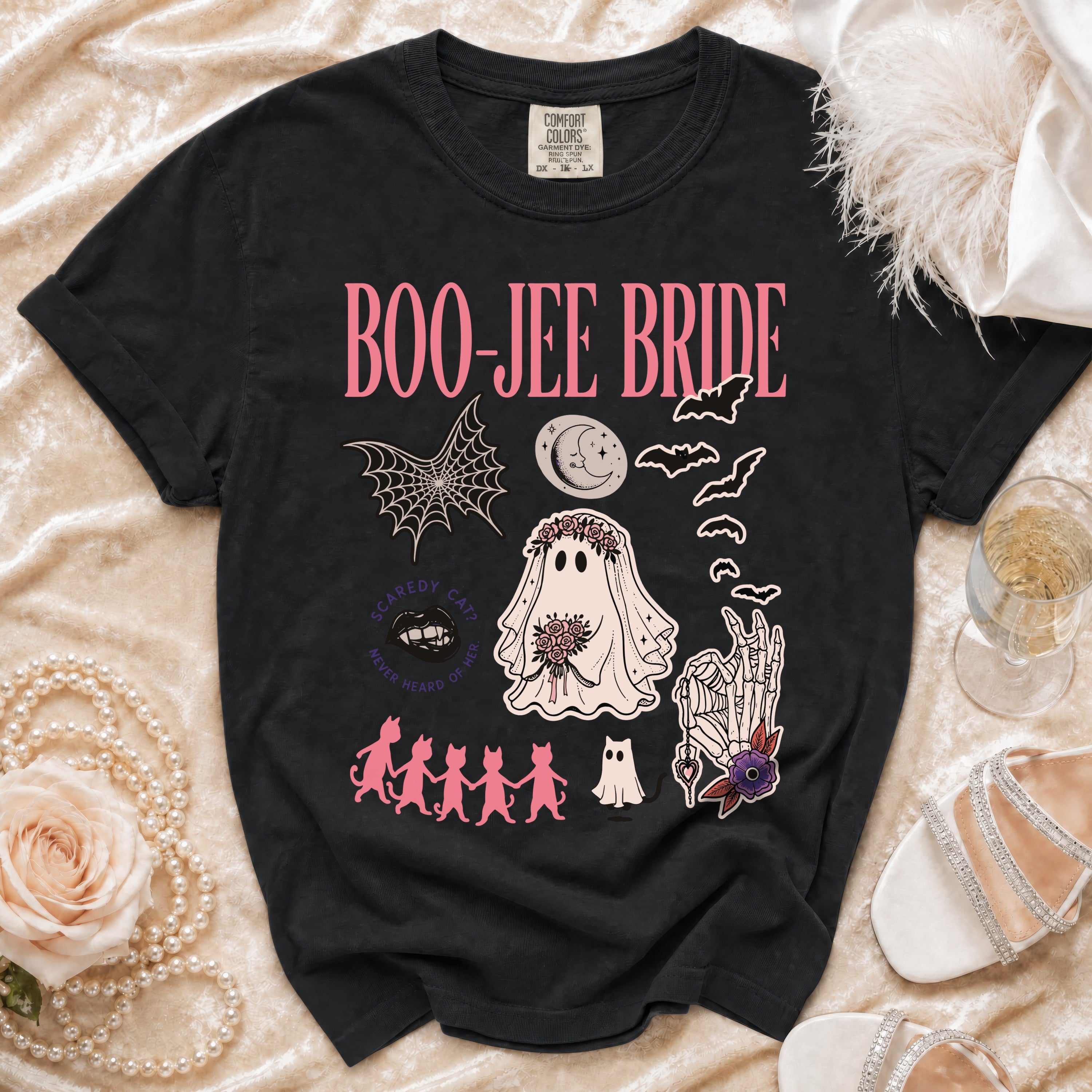 Black t-shirt with "Boo-Jee Bride" and Halloween-themed ghost and cat graphics.