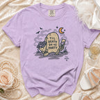 Purple t-shirt with a tombstone graphic that reads "Til Death Do Us Party."