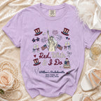 Bachelorette t-shirt with "Red, White & I Do" text and patriotic graphics.
