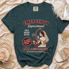 Teal t-shirt with "Emergency Department This Bride Bites 'Til Death Looks Good On Me" graphic.