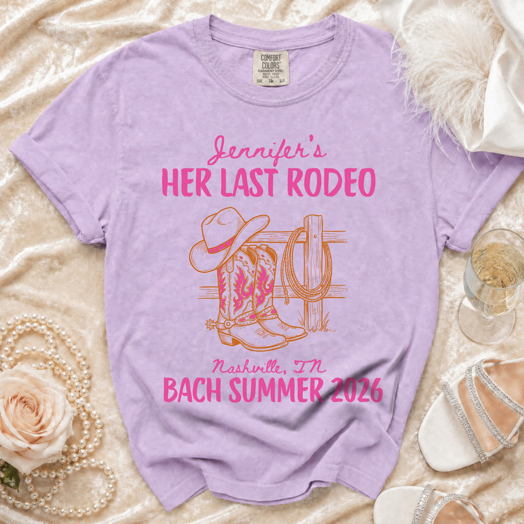 Purple t-shirt with "Jennifer's Her Last Rodeo" and cowboy boots design.