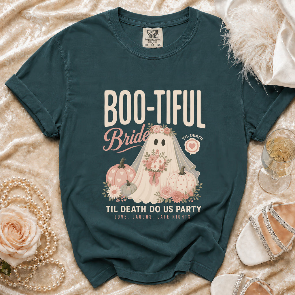 Dark teal t-shirt with "Boo-tiful Bride, Til Death Do Us Party" text and ghost design.
